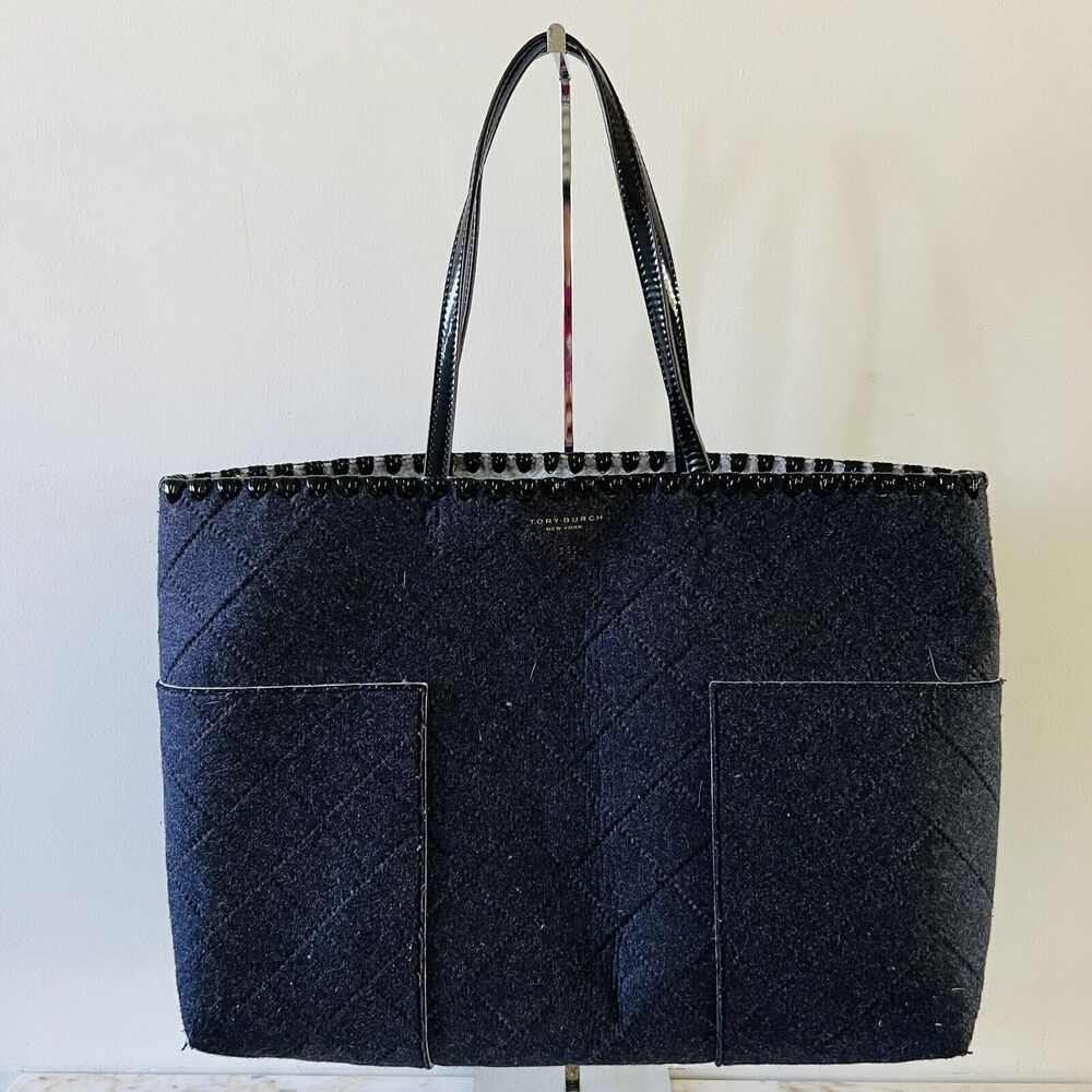TORY BURCH Block T Dark Gray Black Felt Fabric Large Tote Bag
